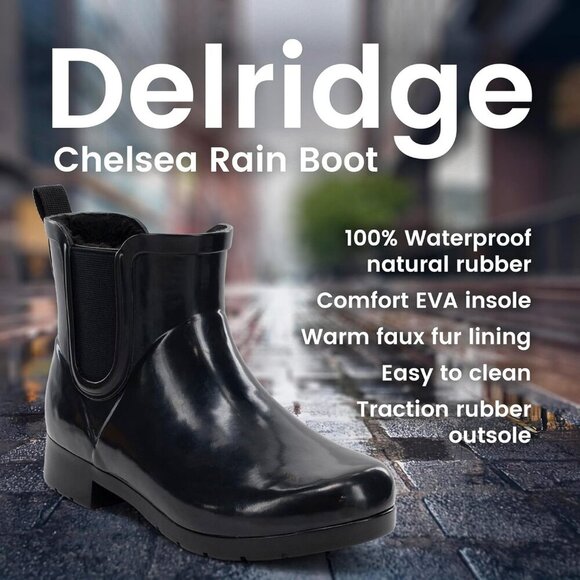 Women’s Waterproof Plush Lined Slip On Rain Ankle Slim Chelsea Black Boots - Picture 3 of 8